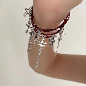 Wicked Silk Goth Emo Punk Red Beaded Cross Layered Bracelet